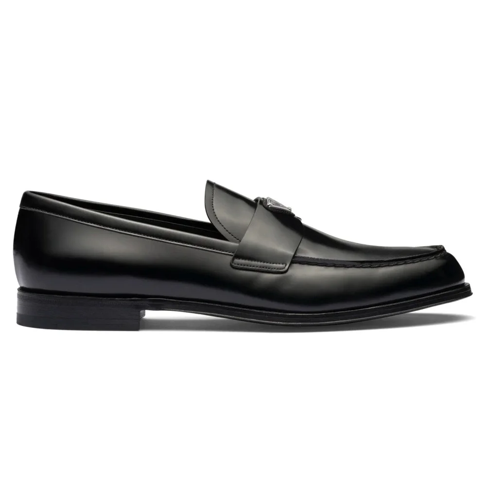 Prada Black Brushed Leather Triangle Logo Classic Loafer SlipOn Flat UK 12 US 13 - Picture 3 of 16
